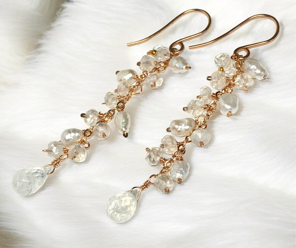 Rainbow Moonstone and Pearl Long Dangle Earrings - Rose Gold, Sterling Silver, Gold Fill