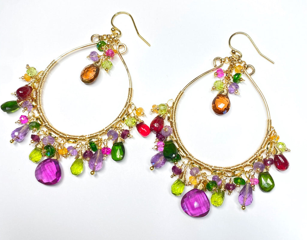 Statement Multi Gemstone Chandelier Hoop 14k Gold Fill Earrings - Violet, Green, Pink
