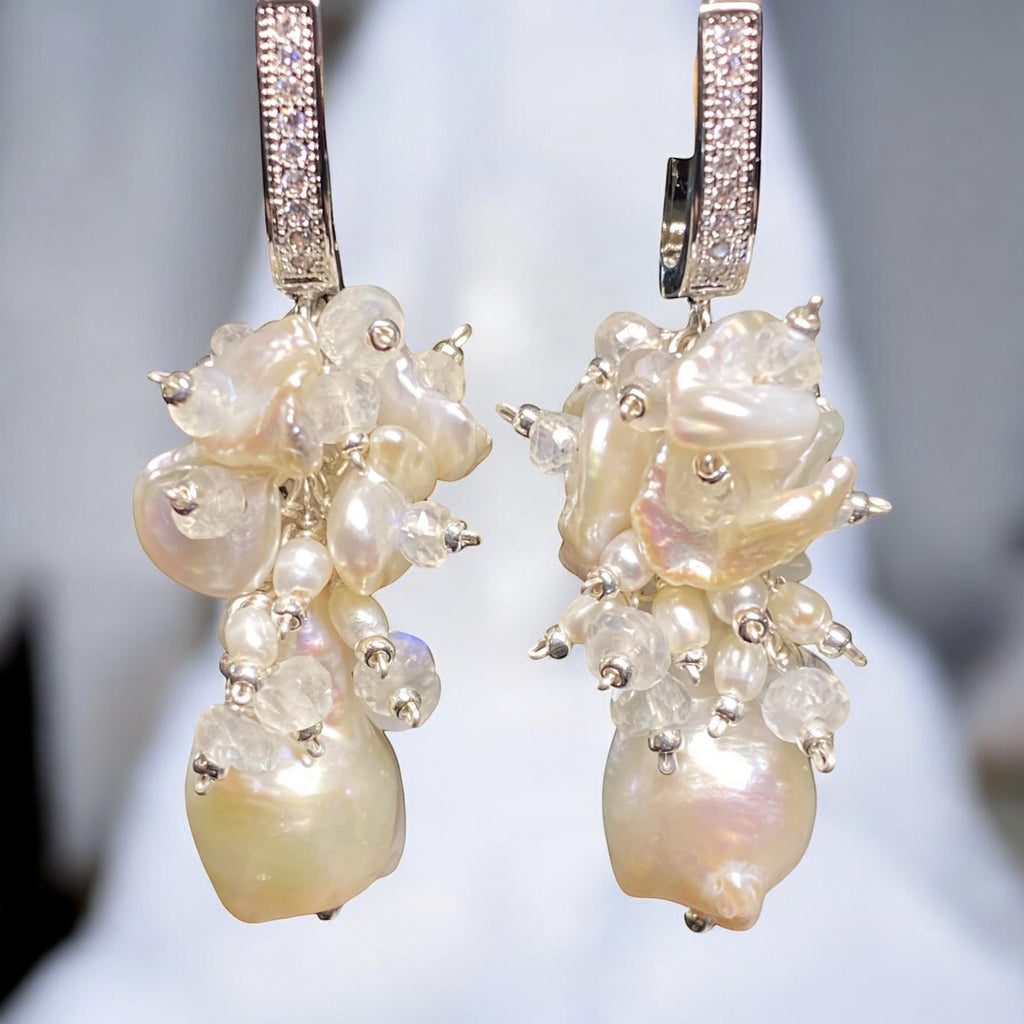 Baroque Flameball Pearl and Moonstone Cluster Bridal Earrings