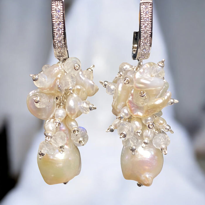 Baroque Flameball Pearl and Moonstone Cluster Bridal Earrings