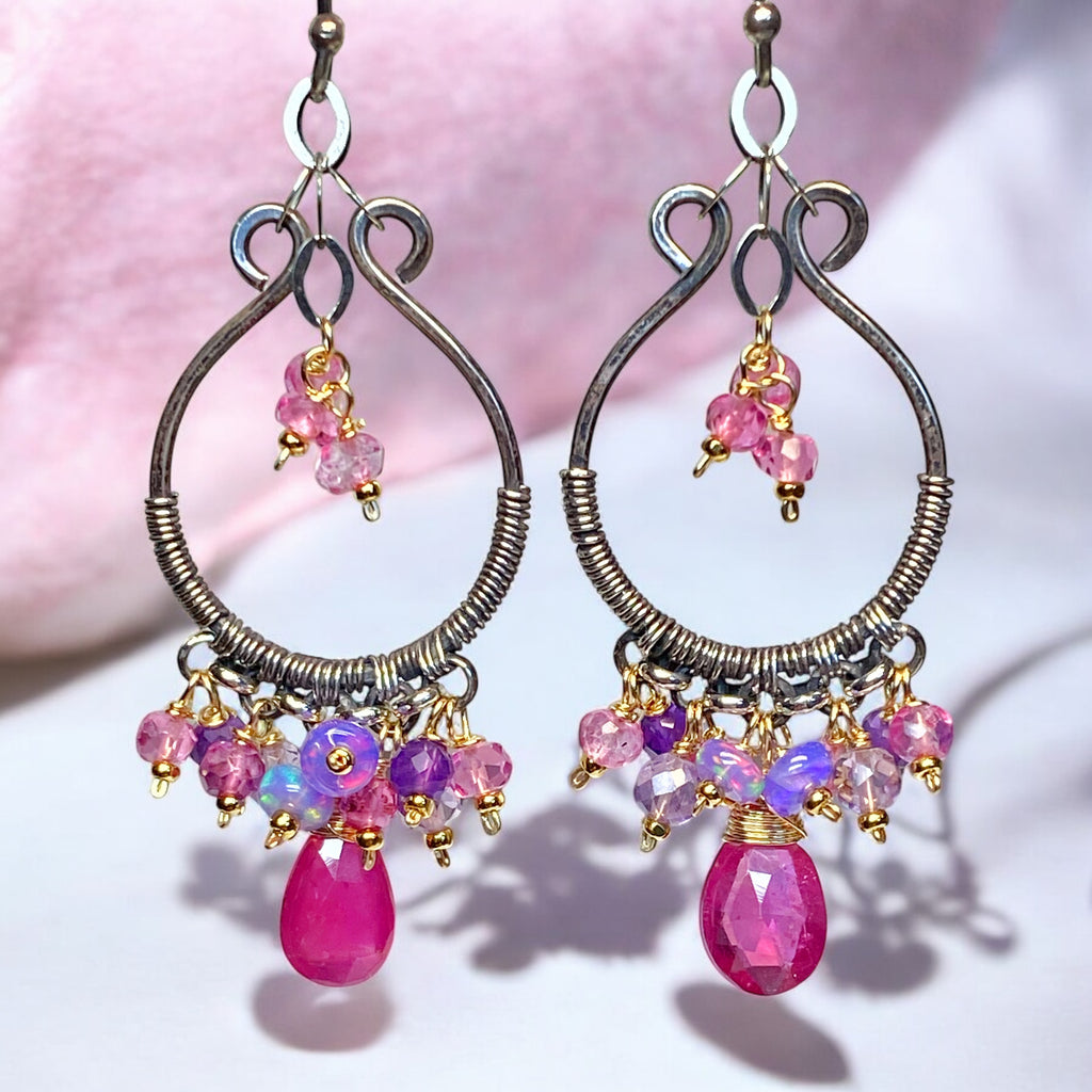 Oxidized Silver Hoop Chandelier Earrings, Pink Sapphire, Mixed Metals 2