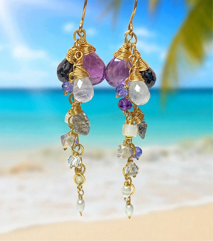 Amethyst Black Spinel Dangle Wire Wrap Moonstone Earrings 2