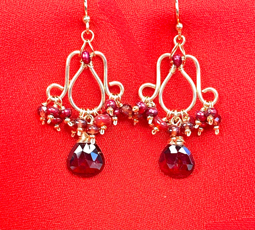 Red Garnet, Pearl & Opal Chandelier Earrings, 14k Gold Fill
