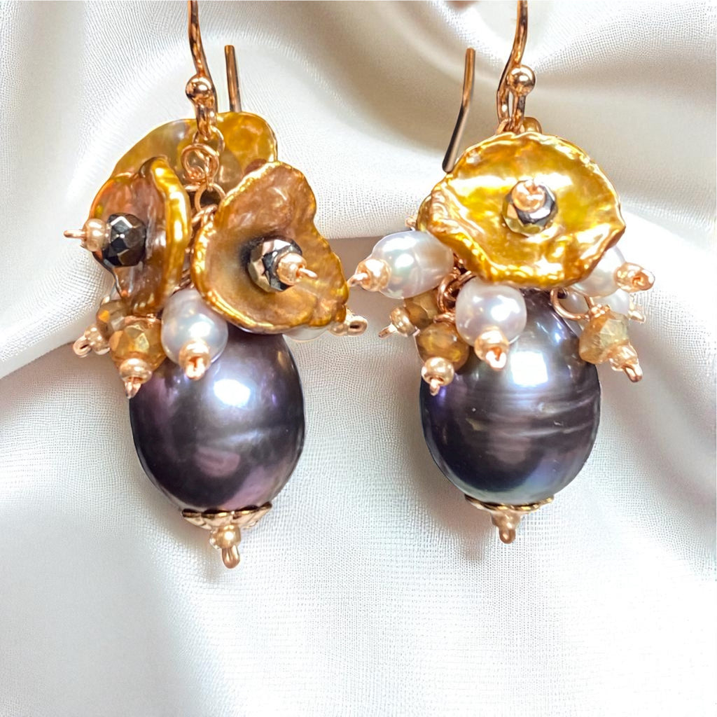 Peacock Pearl, Keishi Pearl Cluster Dangle Earrings Rose Gold Fill