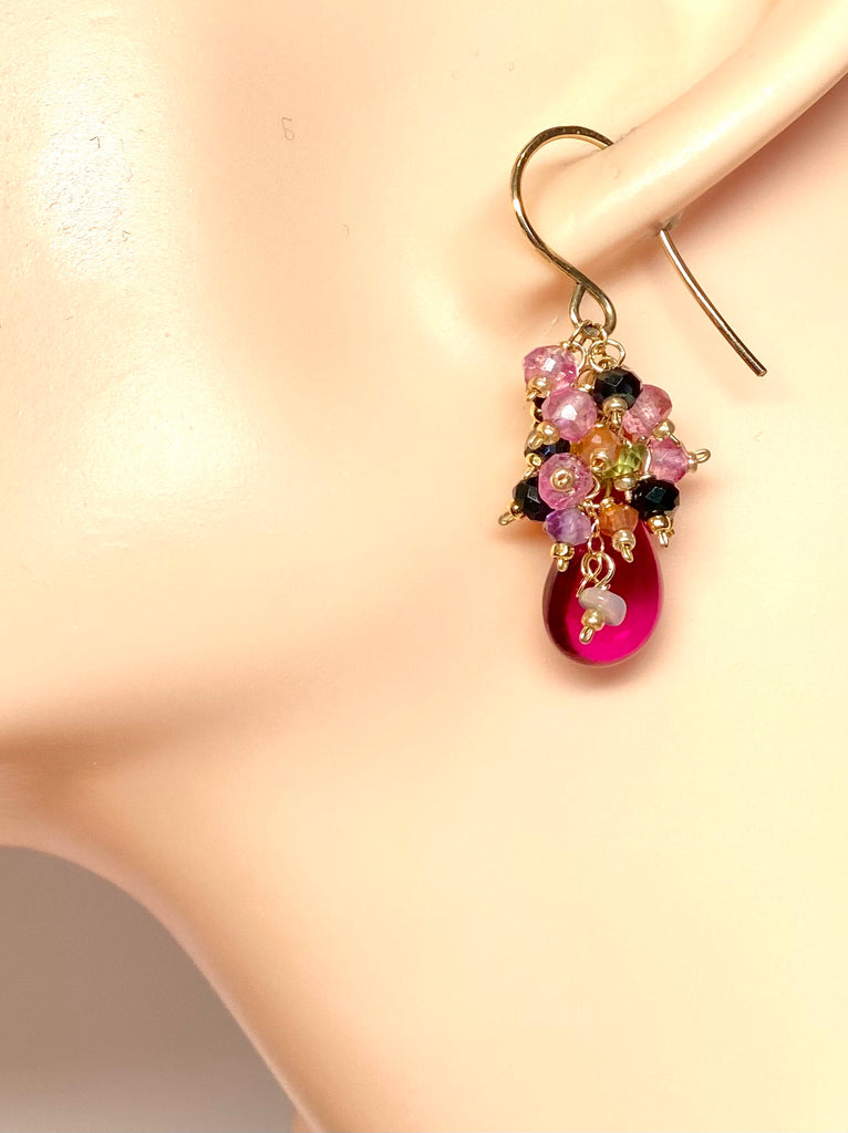 Pink Rubellite Colorful Gem Cluster Earrings