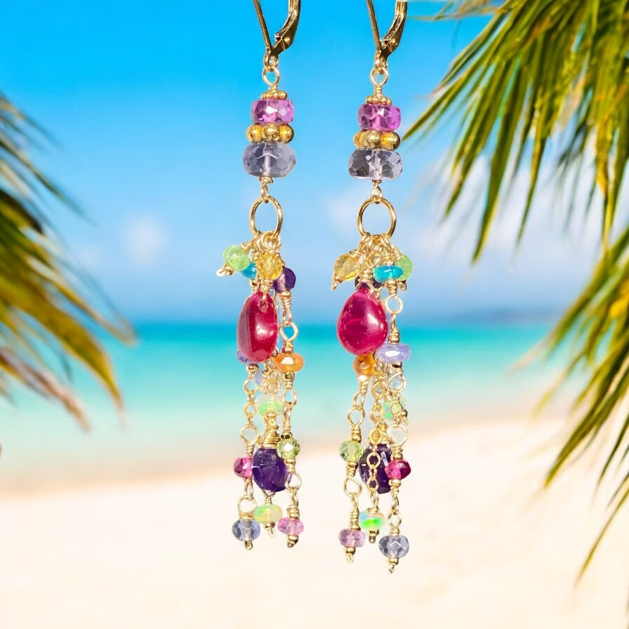 Violet Sapphire, Multi Gemstone Gold Fill Long Dangle Earrings