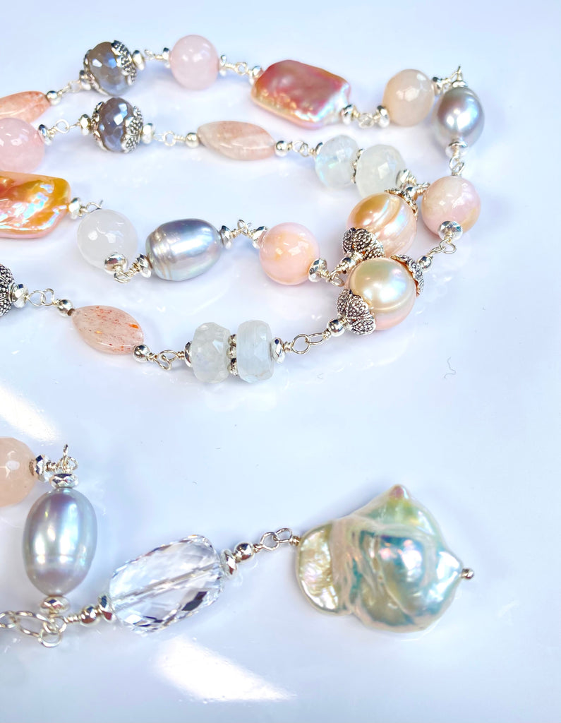 Blush Pink Baroque and Silver Pearl Long Sautoir Necklace — Rainbow and Grey Mystic Moonstone Rose Quartz