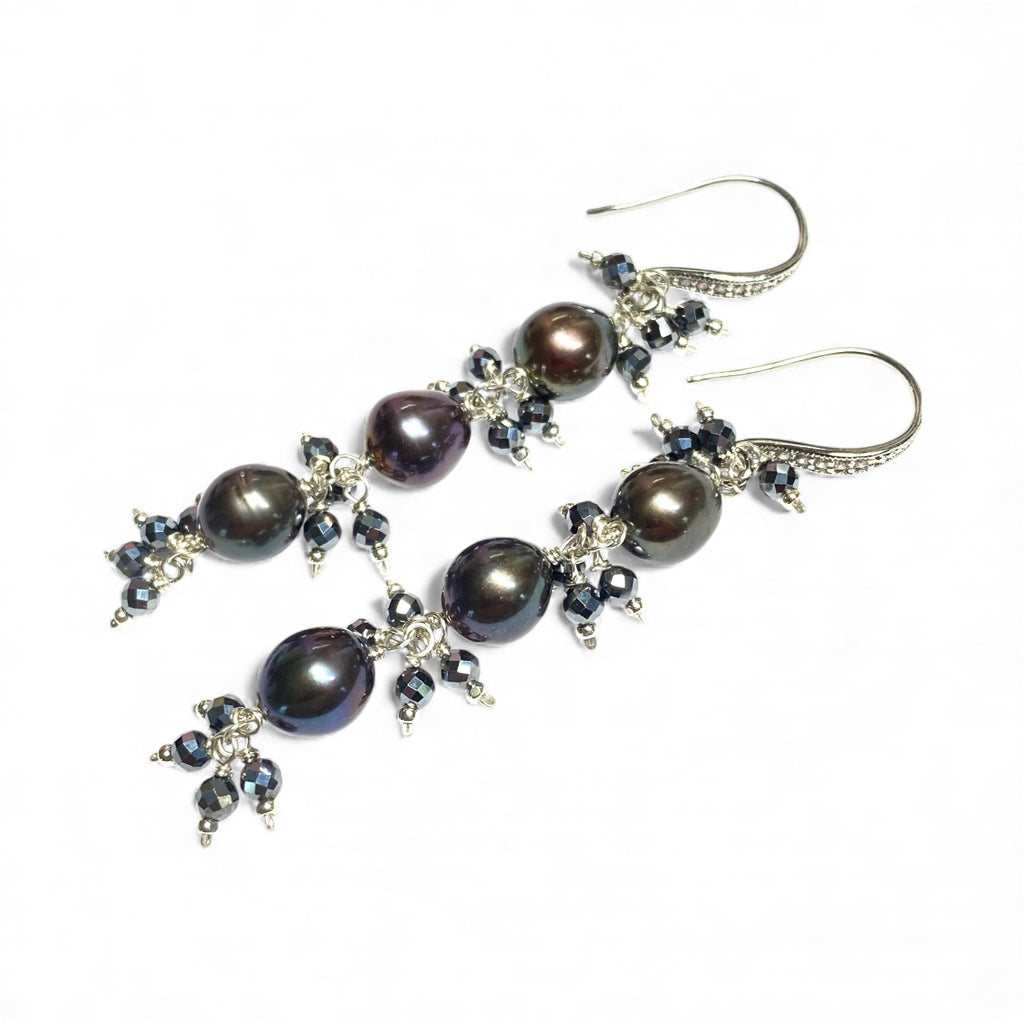 Long Peacock Pearl Earrings with Black Sparkly Gems, Sterling Silver