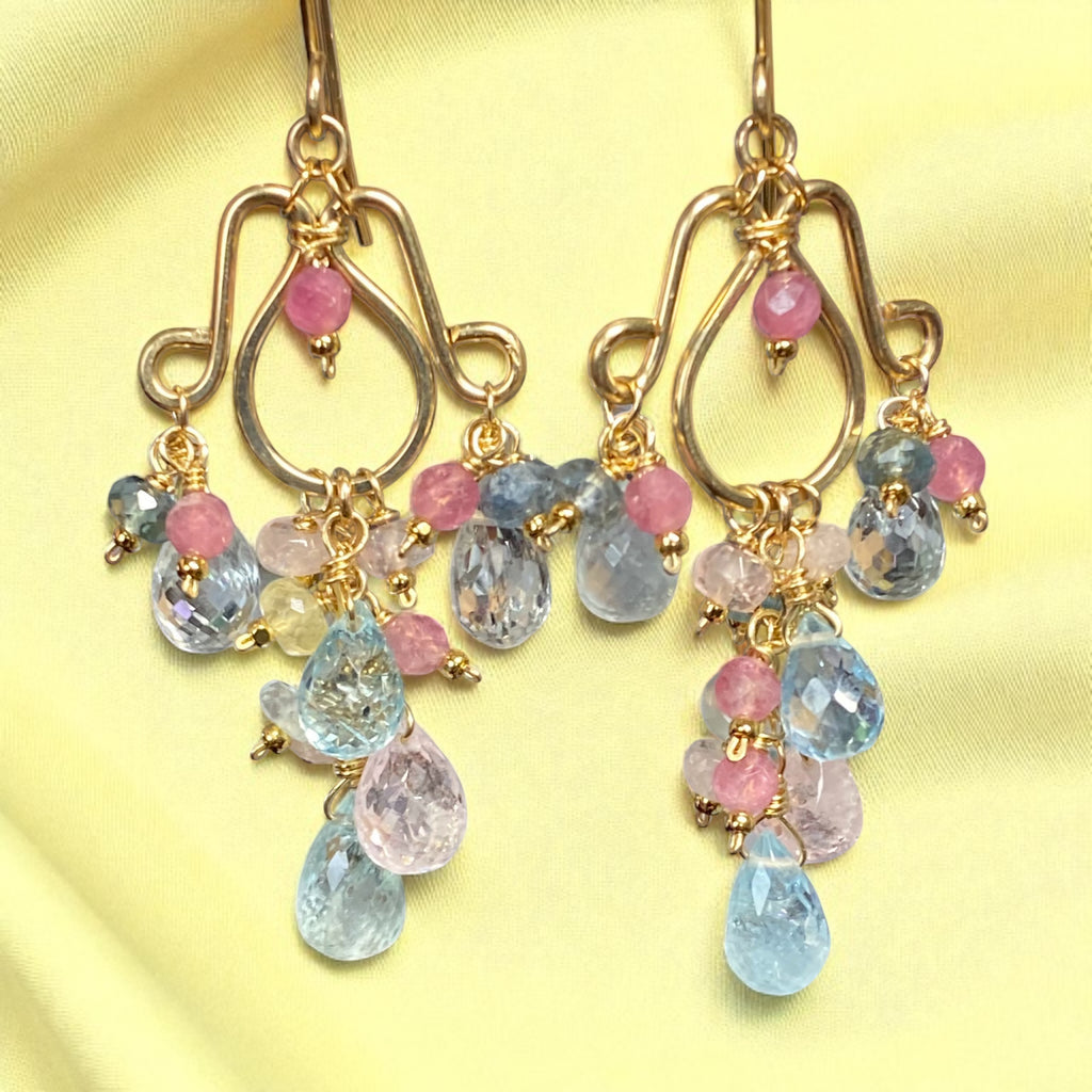 Gemstone Dangle Chandelier Earrings with Aquamarine in Gold Fill