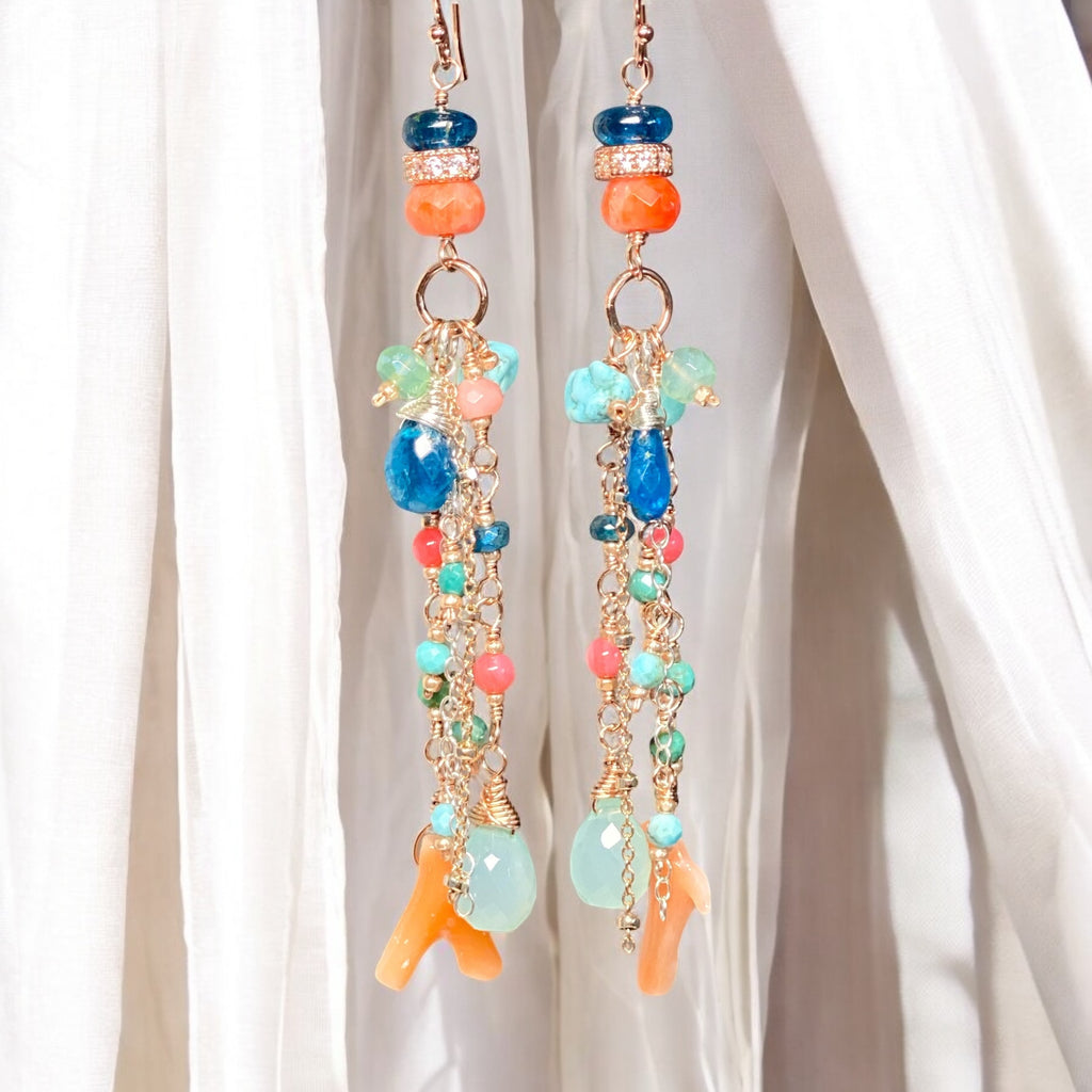 Rose Gold Gemstone Long Boho Dangle Earrings in Turquoise, Coral, Apatite, Aqua