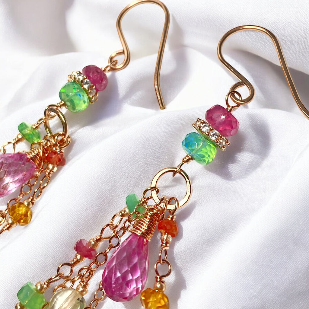 Pink Sapphire, Green Gemstone Rose Gold Long Dangle Earrings