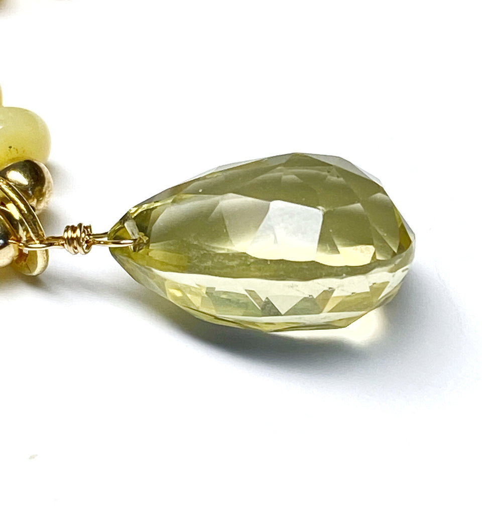 Lemon Quartz Gemstone Pendant on Yellow Opal Knotted Necklace, Gold Fill