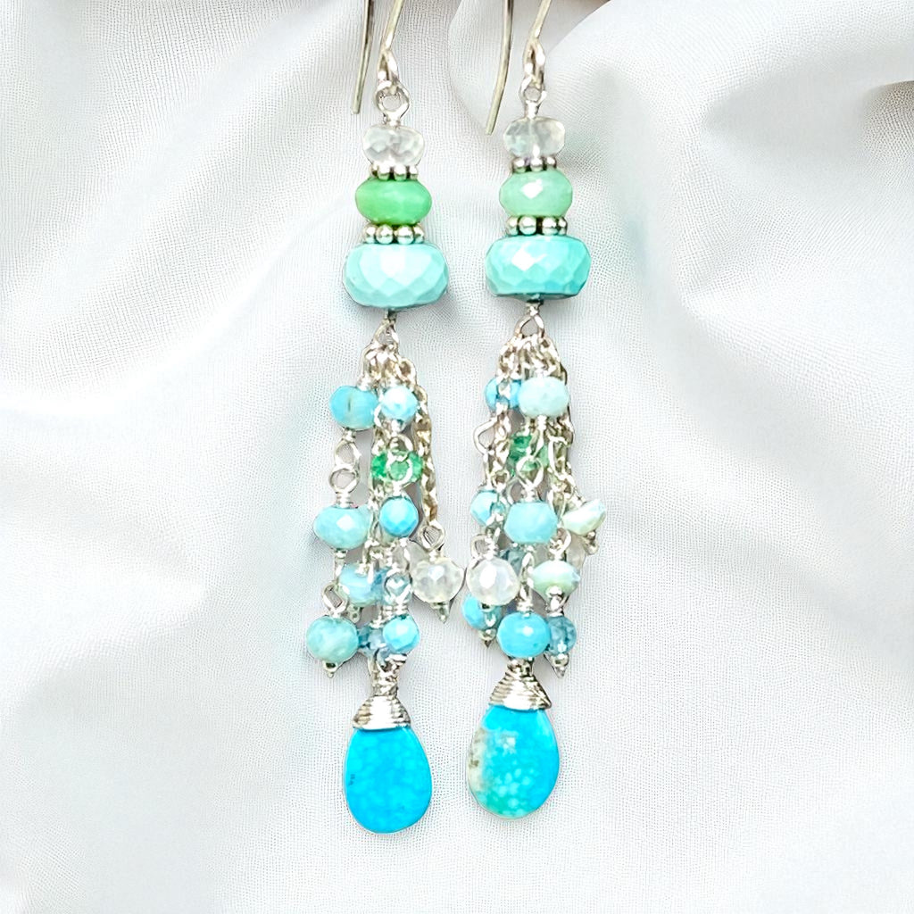 Multi Gemstone Gem Dangle Earrings, Tassel Style, Turquoise, Chrysoprase, Sterling Silver