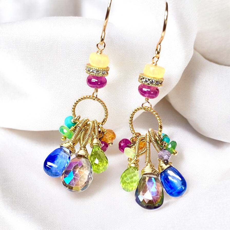 Multi Gemstone Dangle Earrings, Coiled Gold Wire, Handmade 2