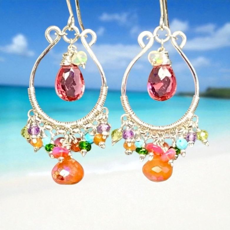 Pink, Orange, Multi Gemstone Sterling Silver Hoop Chandelier Earrings