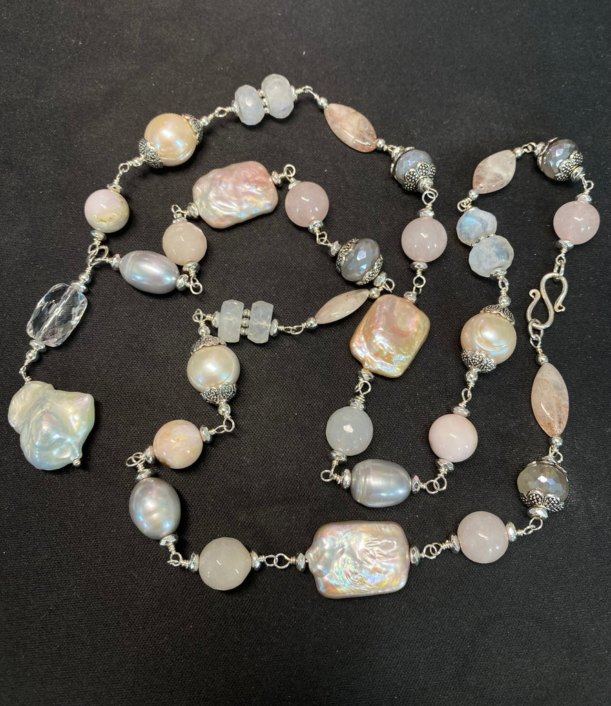 Blush Pink Baroque and Silver Pearl Long Sautoir Necklace — Rainbow and Grey Mystic Moonstone Rose Quartz