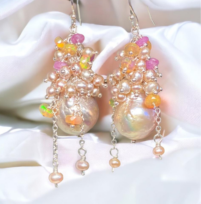 Pink Blush Baroque Pearls Opal, Sapphire Pearl Cluster Earrings