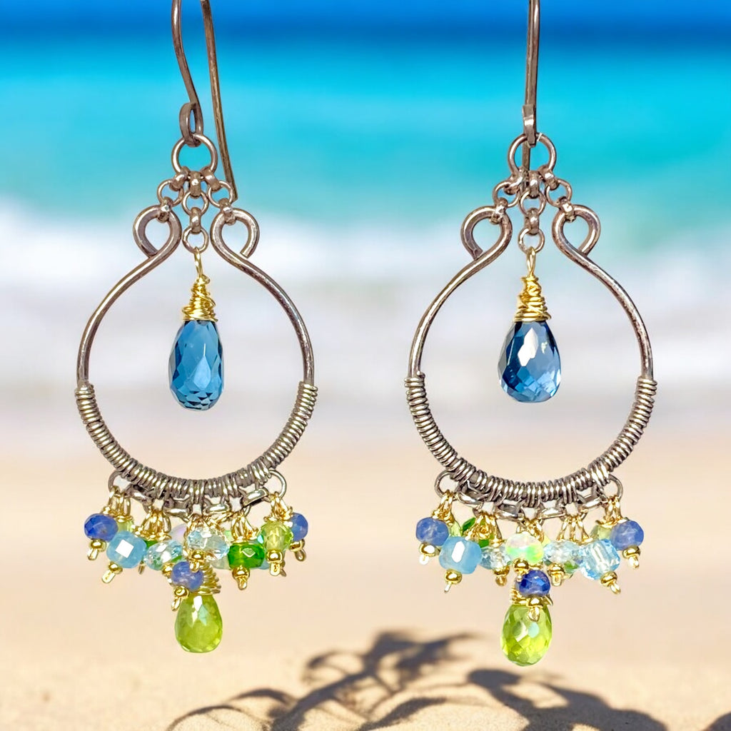 London Blue Topaz, Peridot, Oxidized Silver Hoop Chandelier Earrings Mixed Metal