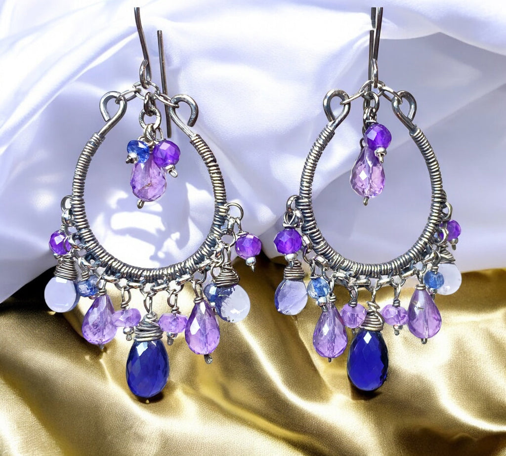 Blue Violet Oxidized Silver Hoop Chandelier Earrings Iolite, Lavender, Purple Amethyst