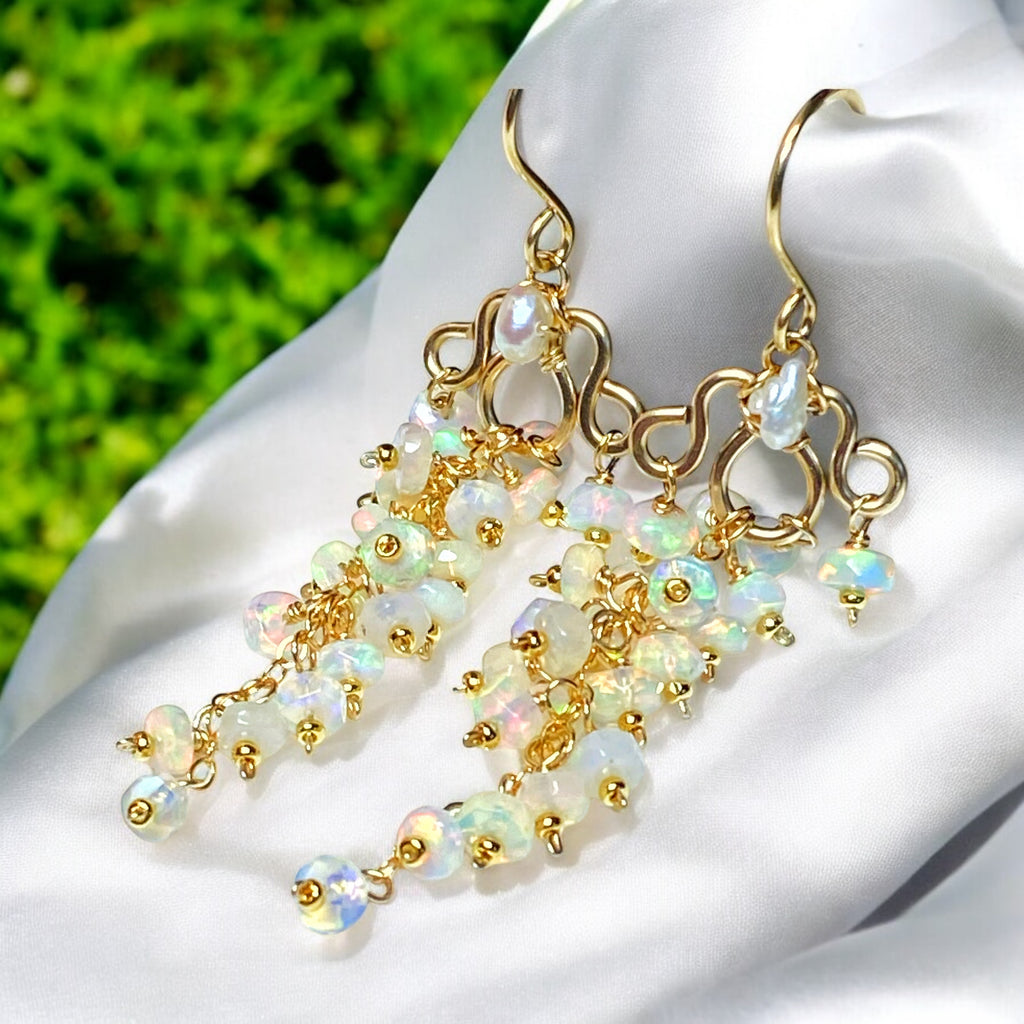 White Ethiopian Opal Chandelier Tassel Earrings Gold Fill