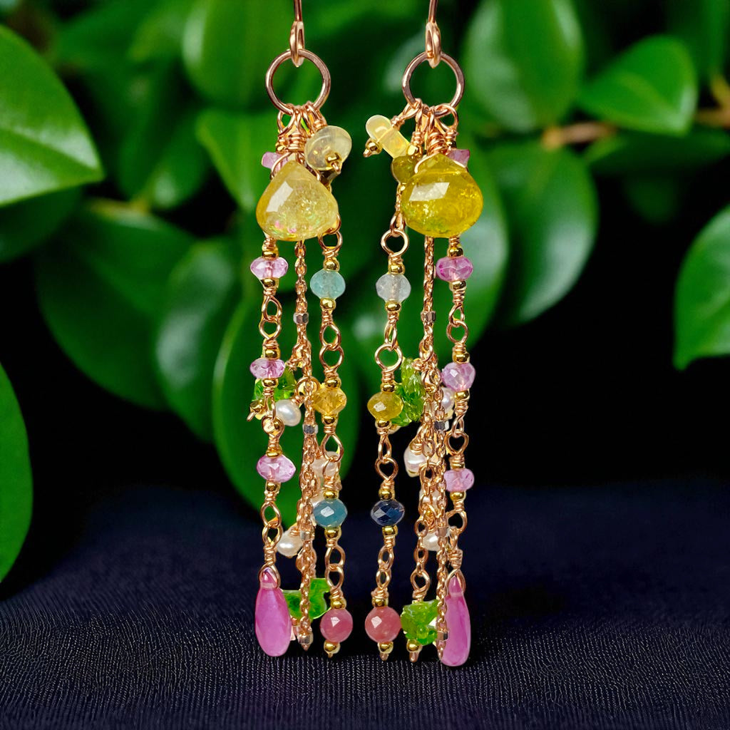 Canary Yellow Tourmaline Long Dangle Earrings Rose Gold Fill