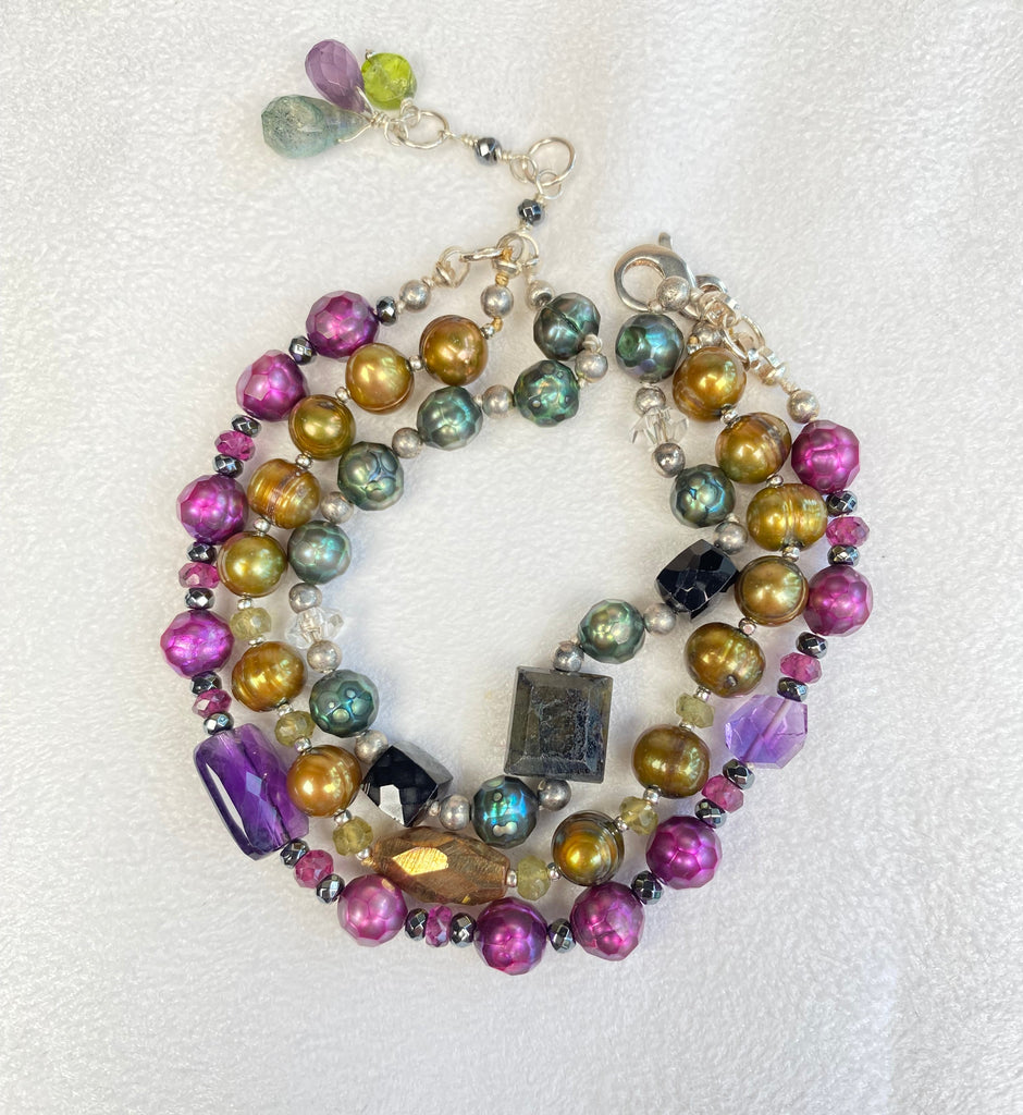Colorful Triple-Strand Pearl & Gemstone Clasp Bracelet