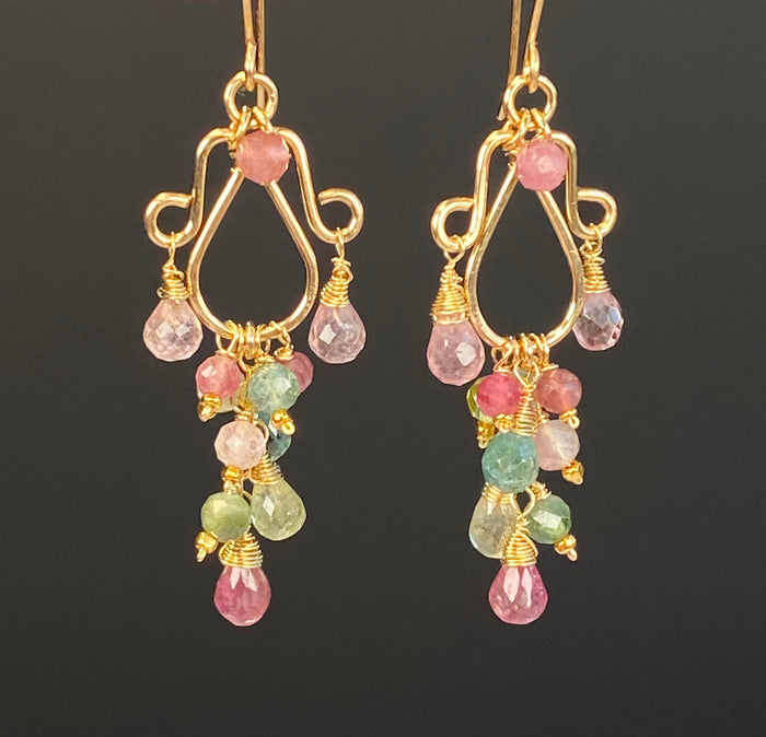 Multicolor Tourmaline Chandelier Earrings — Light Pink, Green & Blue, Gold Fill - Doolittle