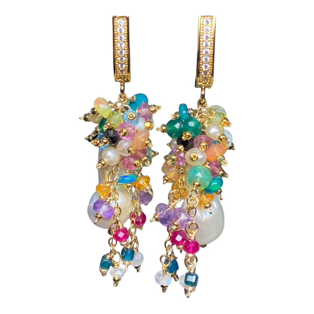 Baroque Flameball Earrings Multi Gemstone Cluster, Gold fill