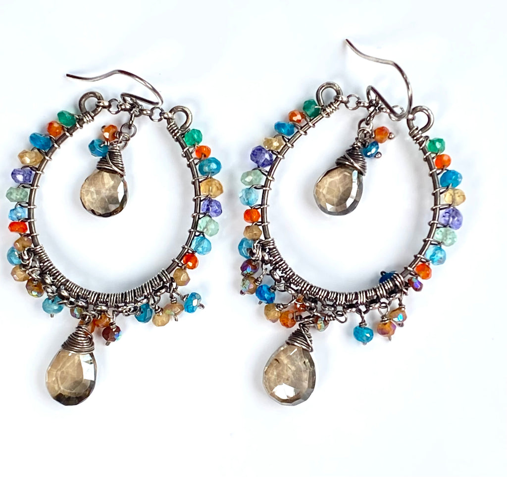 Multicolor Gemstone Hoop Chandelier Earrings, Mystic Smokey Quartz, Oxidized Silver