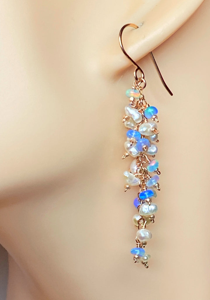 Blue Ethiopian Opal and Keishi Pearl Tassel Dangle Earrings Rose Gold