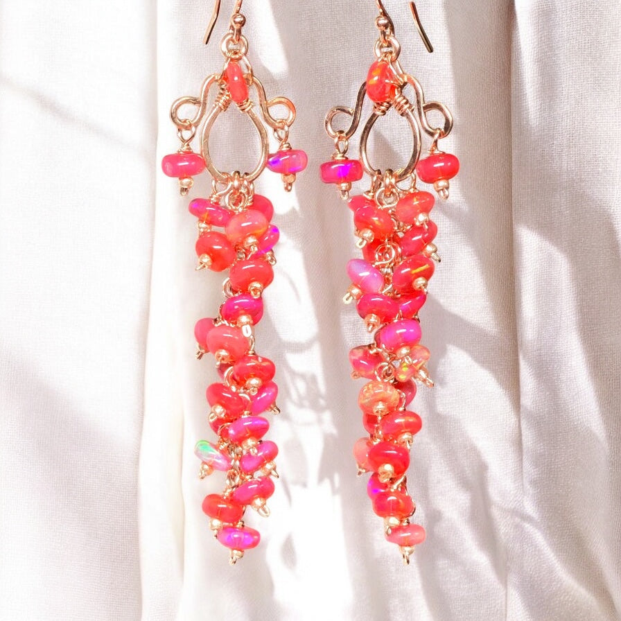 Padparadscha Ethiopian Opals Long Cluster Dangle Earrings Rose Gold 2
