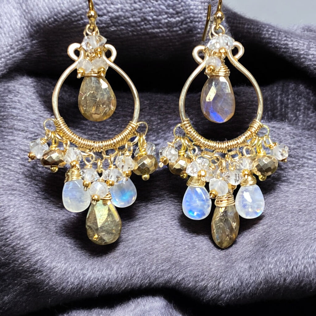 Rainbow Moonstone Gold Labradorite Chandelier Hoop Earrings Gold Fill