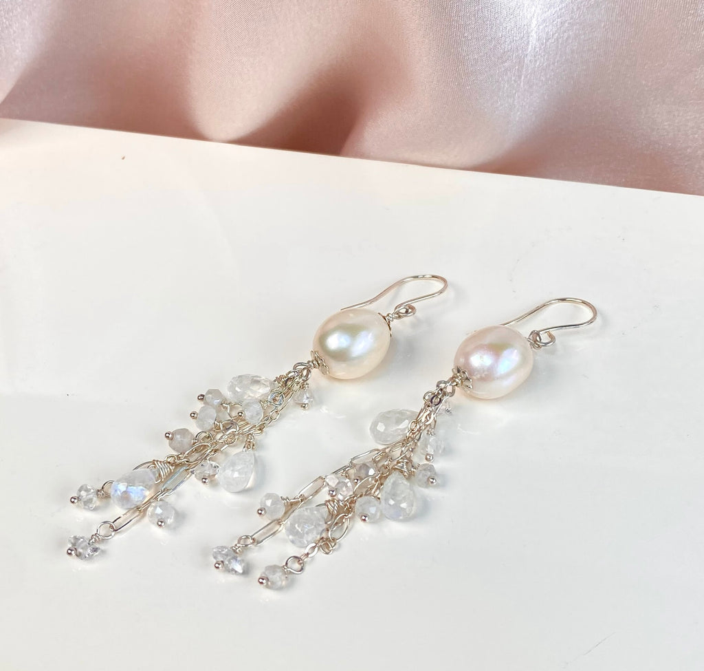 Pearl Moonstone Bridal Dangle Earrings Sterling Silver with Herkimer Diamonds