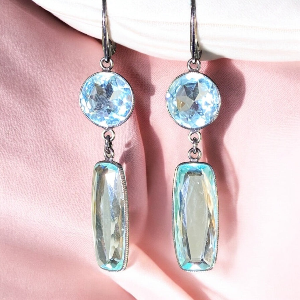Long Sparkly Aqua Crystal Quartz Dangle Earrings Oxidized Silver