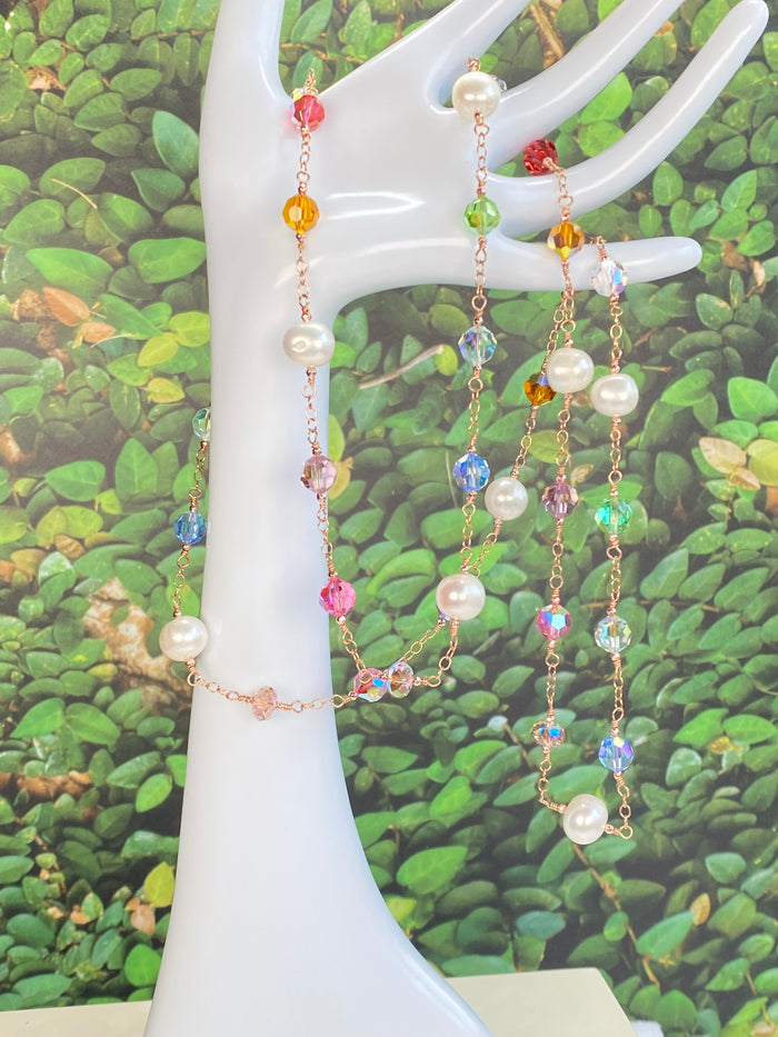 Long Necklace Multicolor Austrian Crystal and Pearl Rose Gold Sautoir