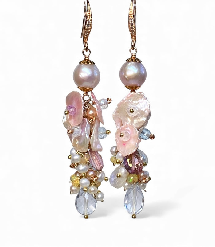 Blush Keishi Pearl Pink Topaz Ivory Pearl Rose Gold Long Dangle Bridal Earrings