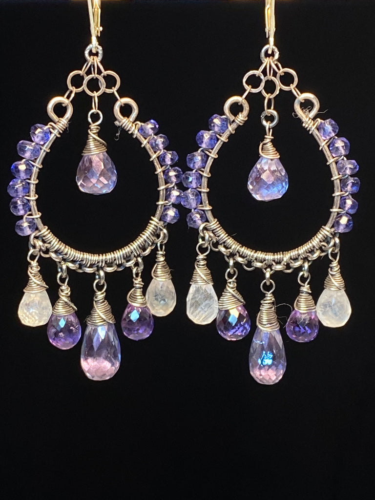 Moonstone Amethyst Blue Violet Mystic Quartz Hoop Earrings Oxidized Sterling Silver - Doolittle