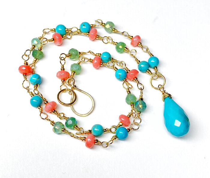 Dainty, Rosary Style, Wire Wrap Necklace: Turquoise, Coral, Mystic Peruvian Opal, Gold Fill