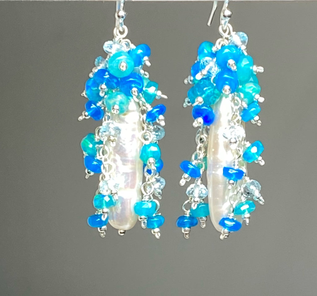 White Biwa Pearl and Aqua Blue Opal Cluster Earrings Sterling Silver