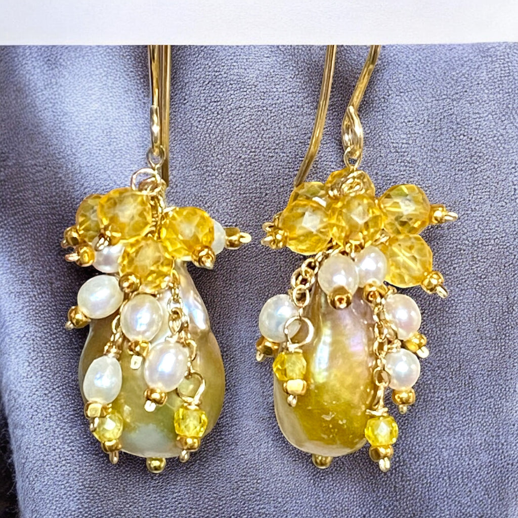 Citrine and Pond Slime Baroque Pearl Earrings Gold Fill