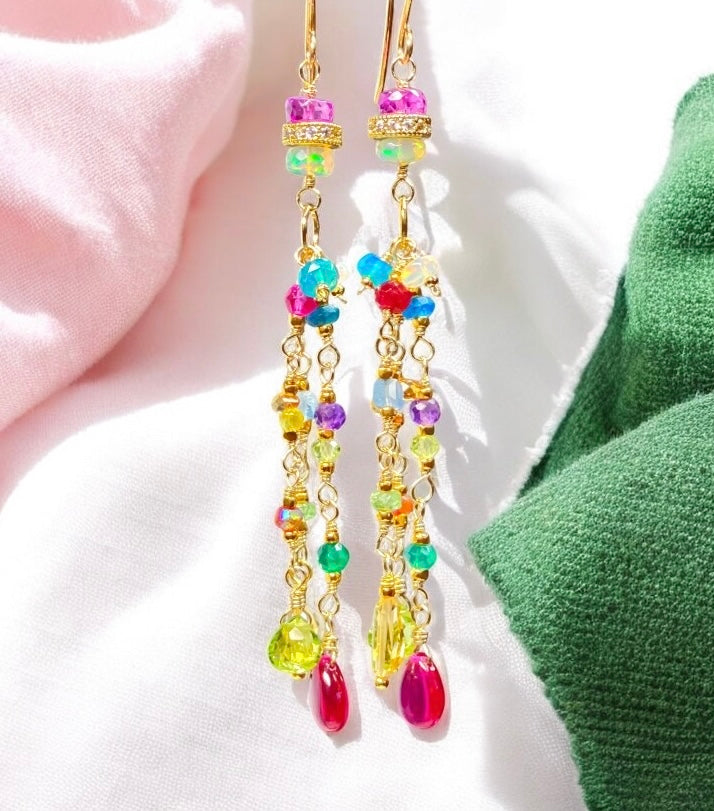 Multi Gemstone Gold Fill Long Dangle Earrings with Peridot, Citrine, Rubellite