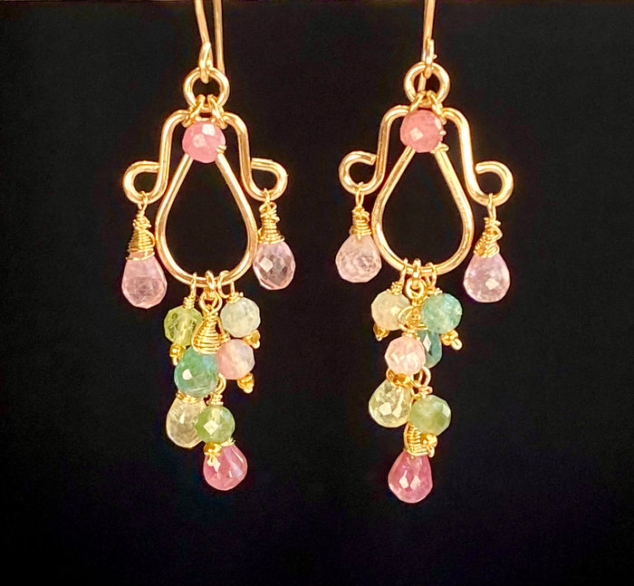 Multicolor Tourmaline Chandelier Earrings — Light Pink, Green & Blue, Gold Fill - Doolittle