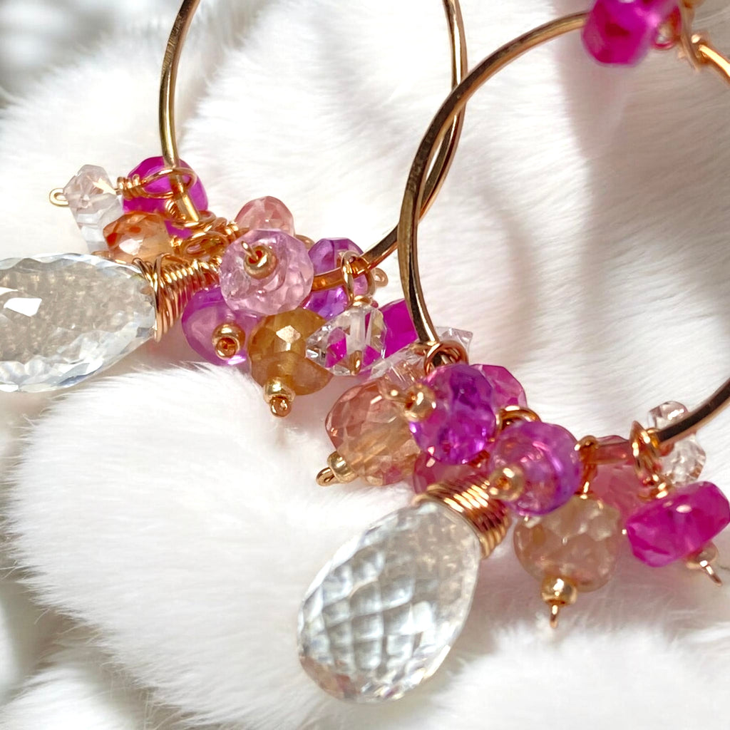 Padparadscha Sapphire Hoop Earrings Rose Gold Fill — Crystal Quartz Herkimer Diamond - Doolittle