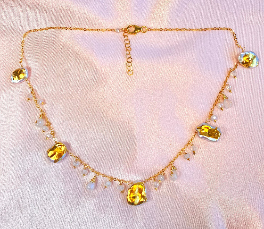 Keishi Pearl 24kt Gold Leaf Boho Dangle Necklace with Rainbow Moonstone