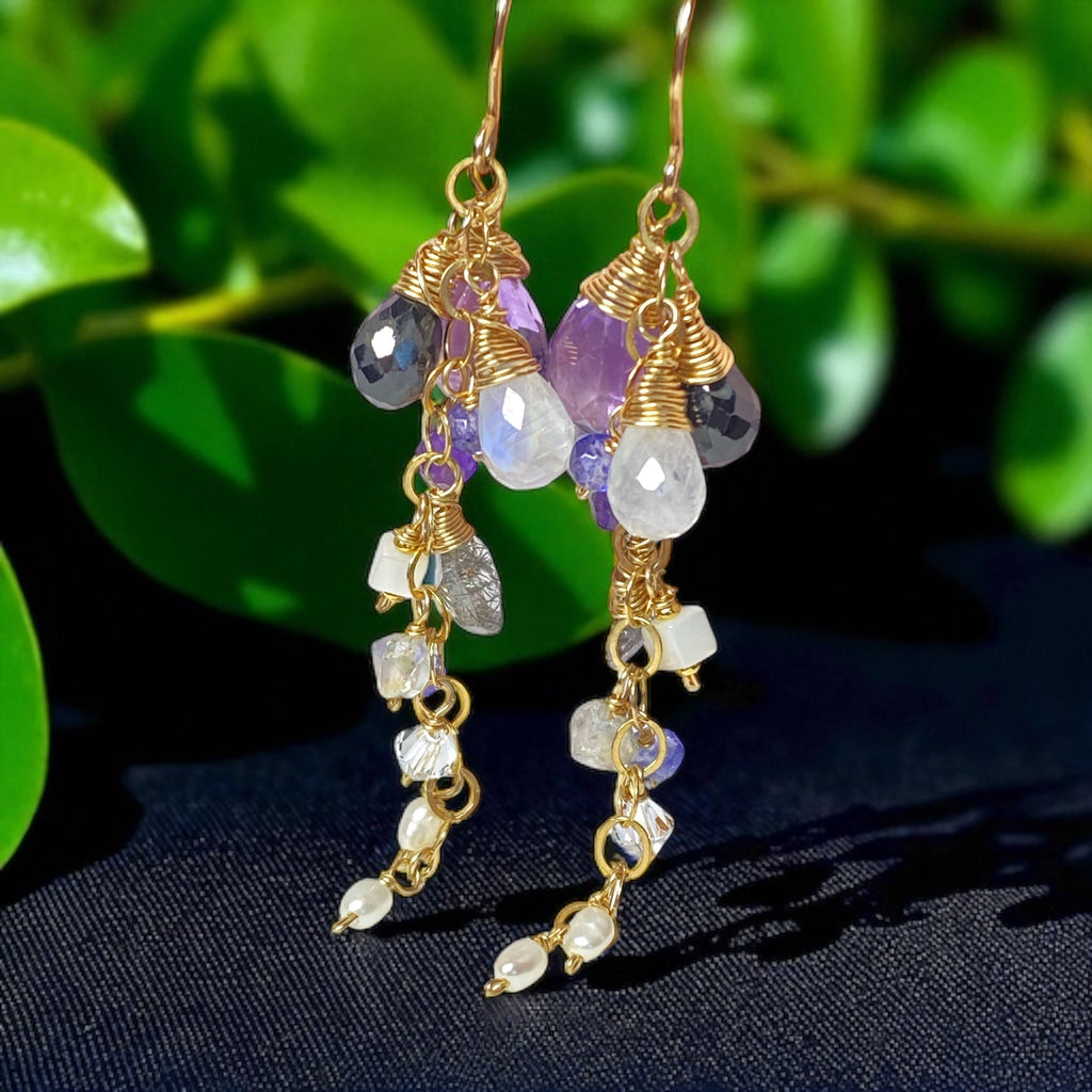Amethyst Black Spinel Dangle Wire Wrap Moonstone Earrings 2