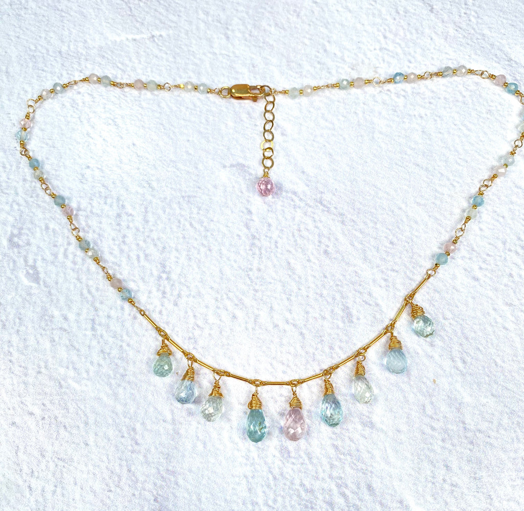Aquamarine Morganite Dainty Dangle Necklace Gold Fill
