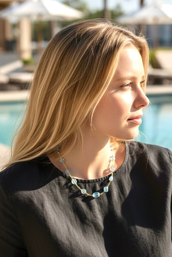 Blue Topaz and Aquamarine 14K Gold Fill Necklace Rosary Style Wire Wrap