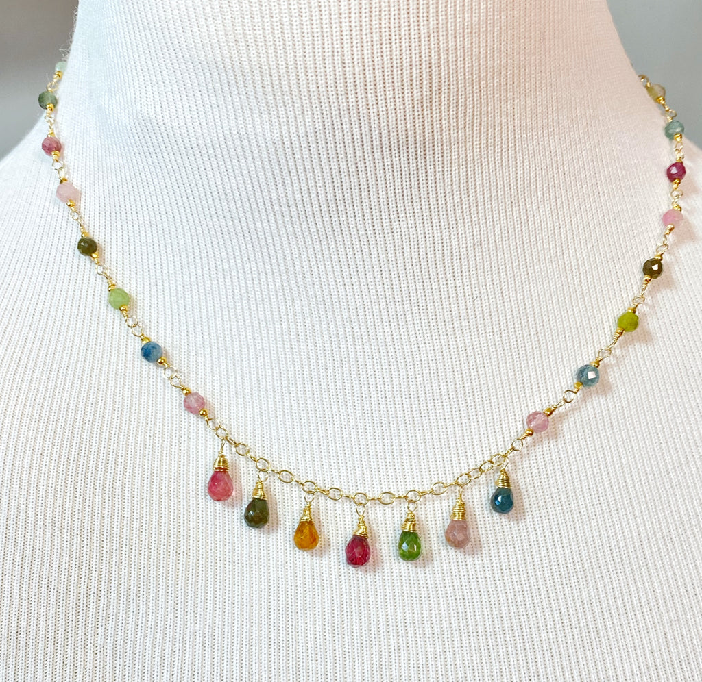 Tourmaline Gold Fill Dangle Necklace Rosary Style Wire Wrap