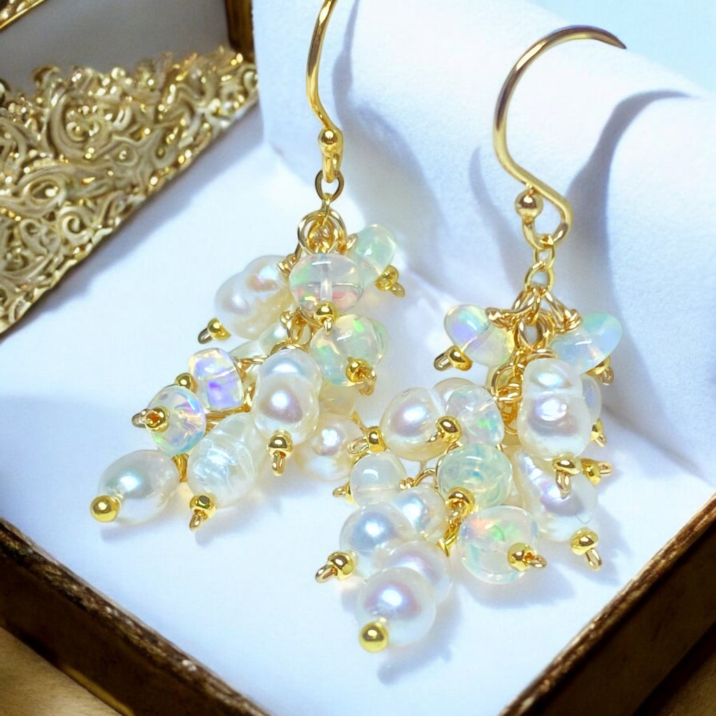 Pearl and White Ethiopian Opal Dangle Earrings Gold