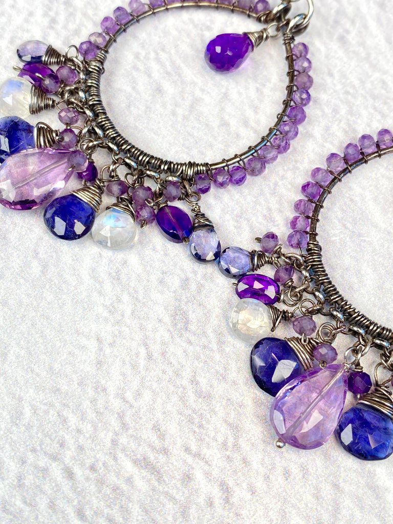 Lavender Amethyst and Blue Gemstone Chandelier Hoop Earrings in Oxidized Silver